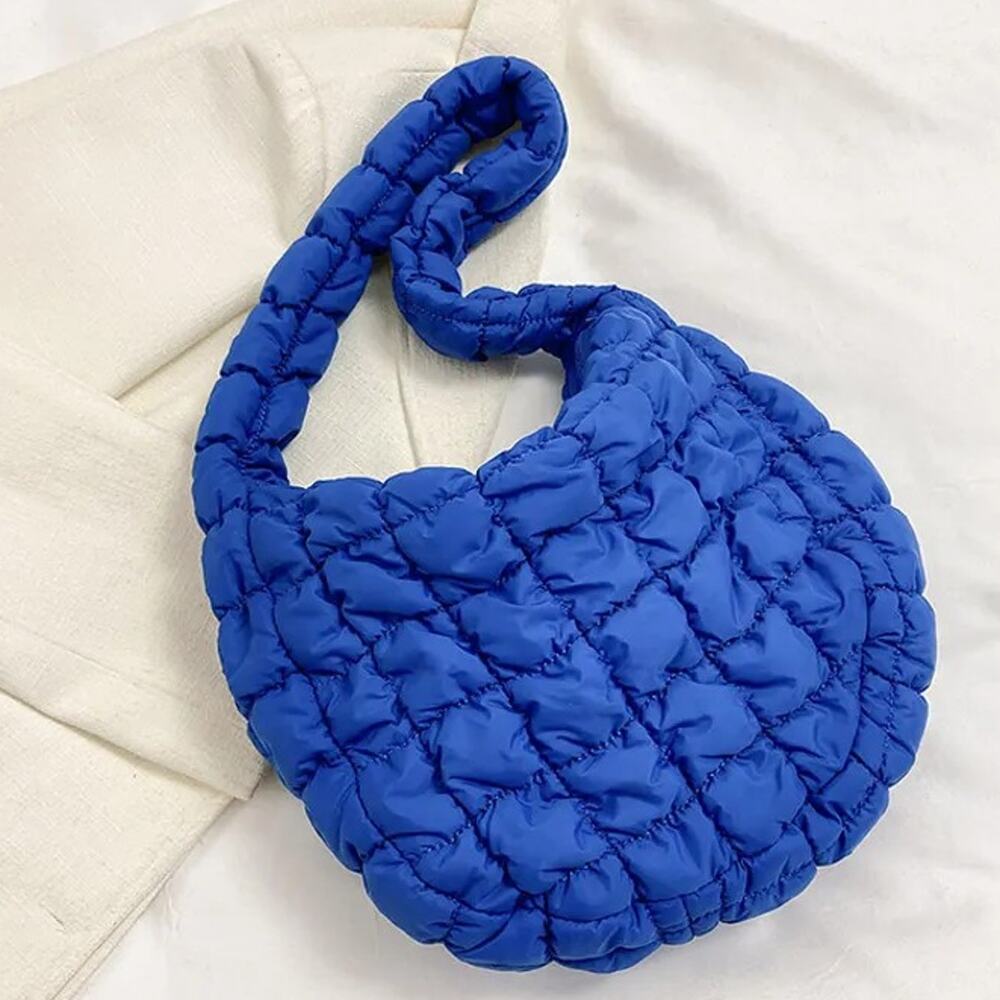 Nylon Puffer Solid Color Purse Tote Handbag Slouch Bag Blue